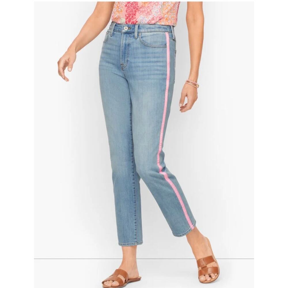 Talbots Modern Ankle Embellished Amalfi Wash Denim Jeans w/ Pink Stripe